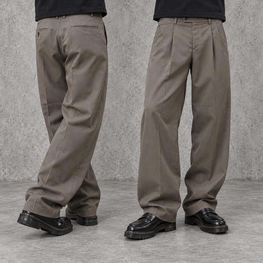 32x30 Beige Brown Baggy Wide-Leg Pleated Dress Pants